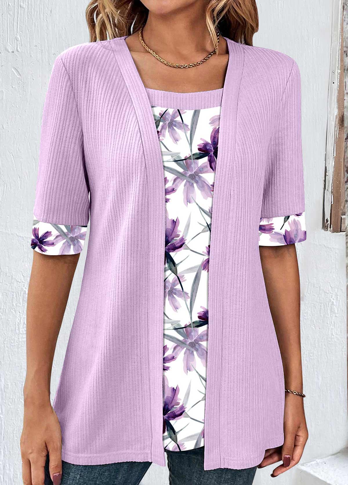 Light Purple tops,Floral tops,Plants tops,ROTITA Plus Size Light Purple Fake Two Piece Twinset