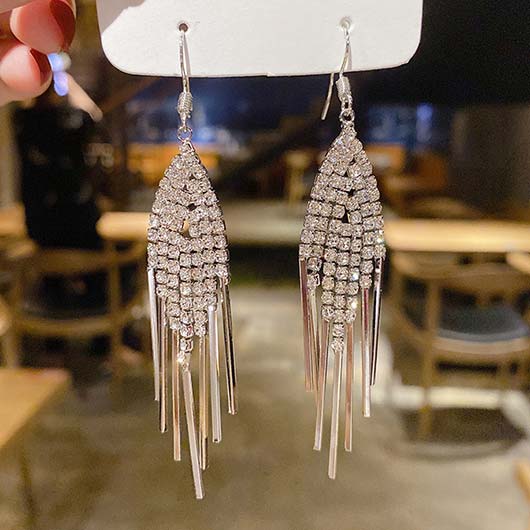 Silvery White jewelry,Geometric jewelry,Silvery White Alloy Detail Tassel Earrings