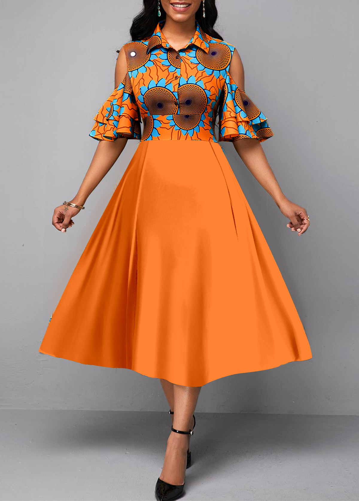 ROTITA Ruffle Tribal Print Orange Shirt Collar Dress
