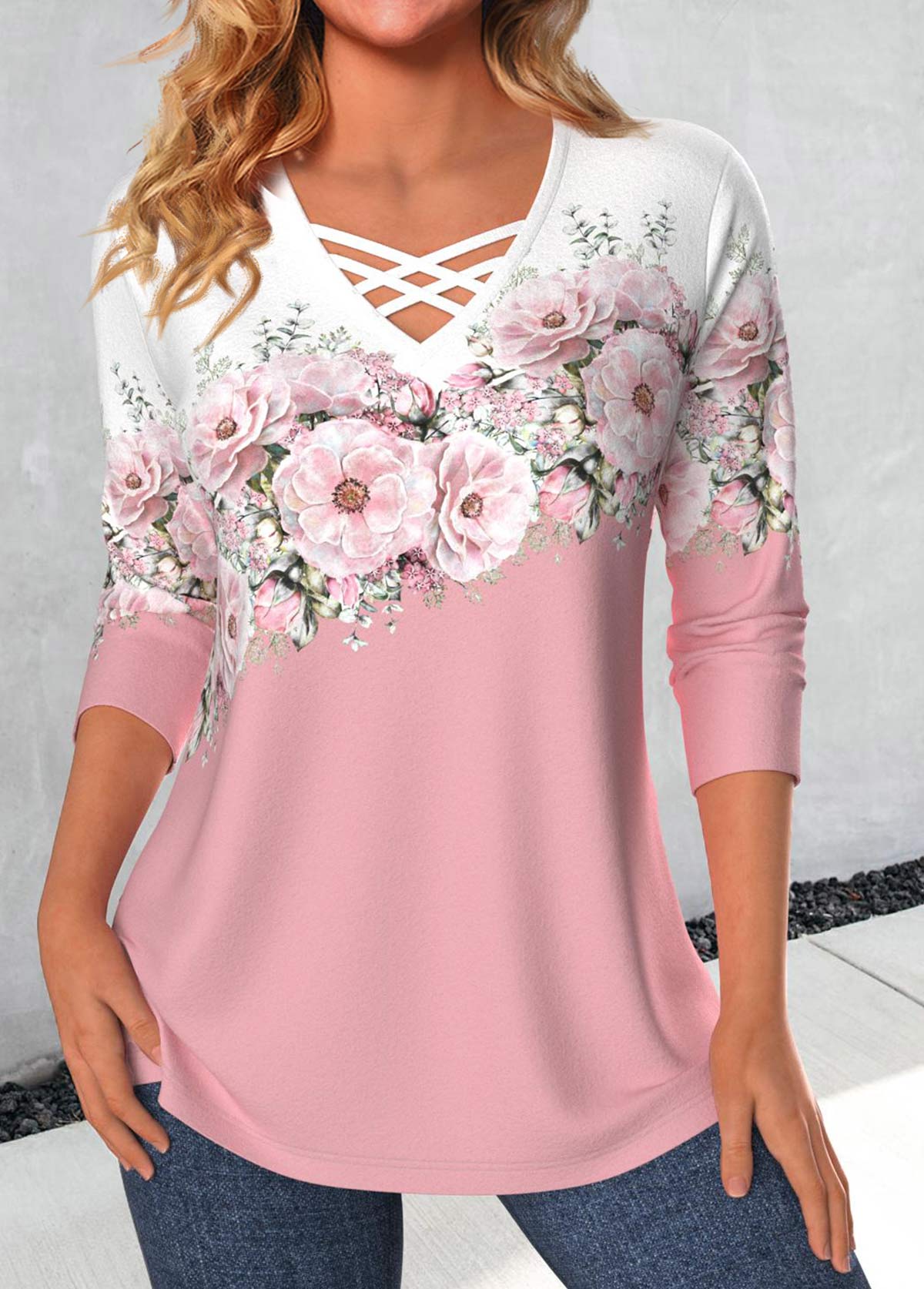 ROTITA Valentine's Day Criss Cross Floral Print Pink T Shirt