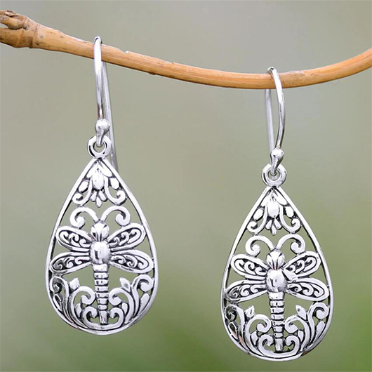 Oval Dragonfly Hollow Design Silver Earrings