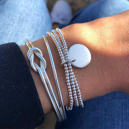 Silver jewelry,Other jewelry,Round Beads Detail Twist Silver Bracelet Set