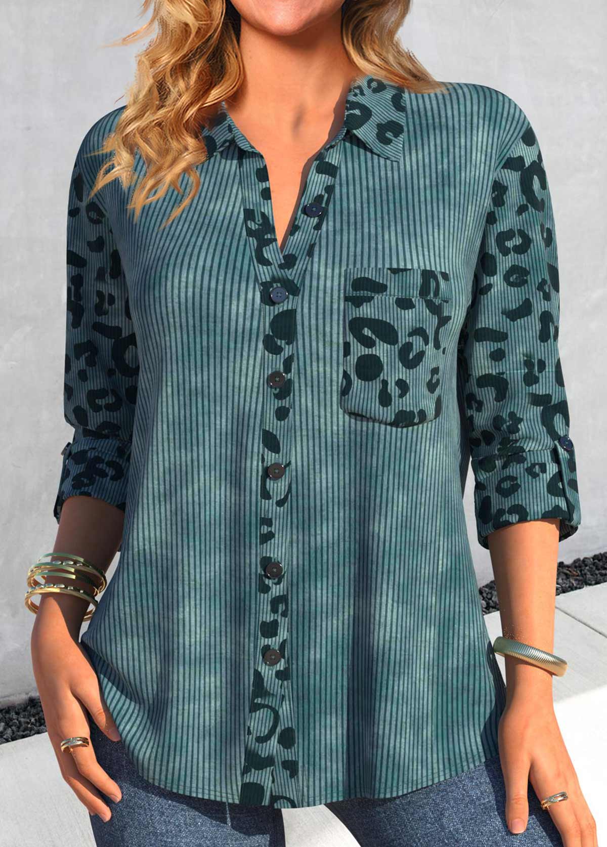 ROTITA Patchwork Leopard Peacock Blue Shirt Collar Blouse