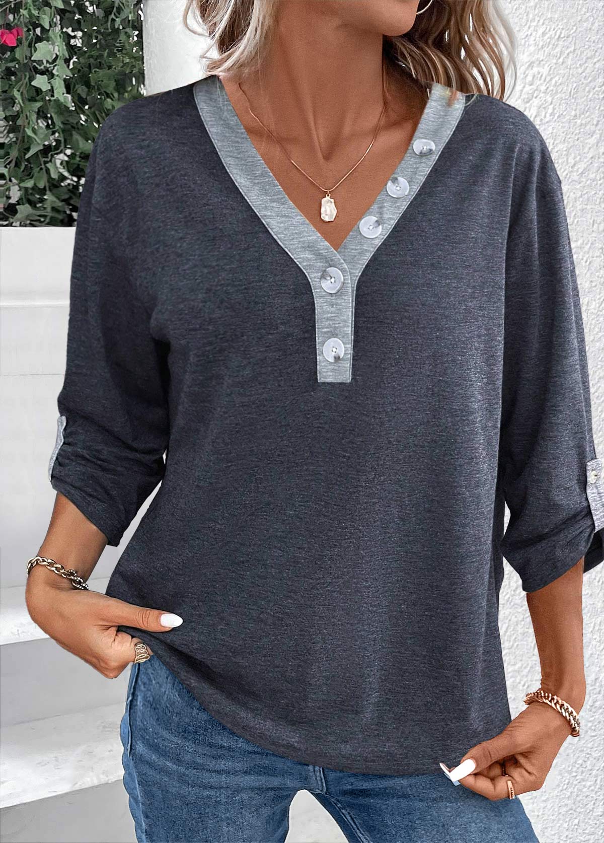 Dark Grey tops,Contrast Color tops,ROTITA Dark Grey T Shirt