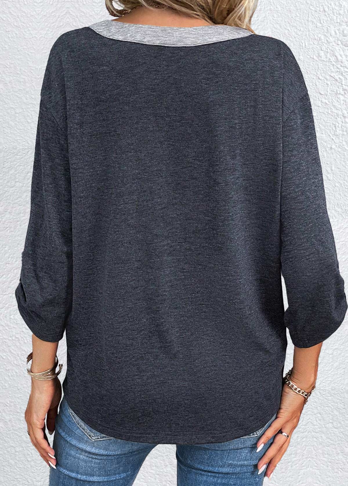 Dark Grey tops,Contrast Color tops,ROTITA Dark Grey T Shirt