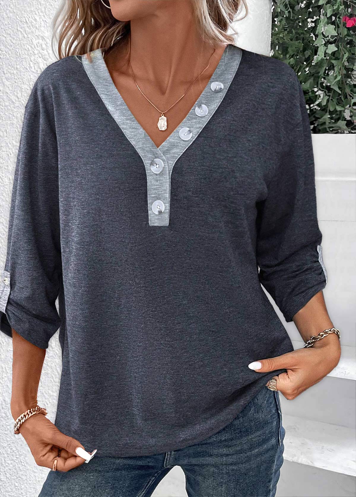 Dark Grey tops,Contrast Color tops,ROTITA Dark Grey T Shirt