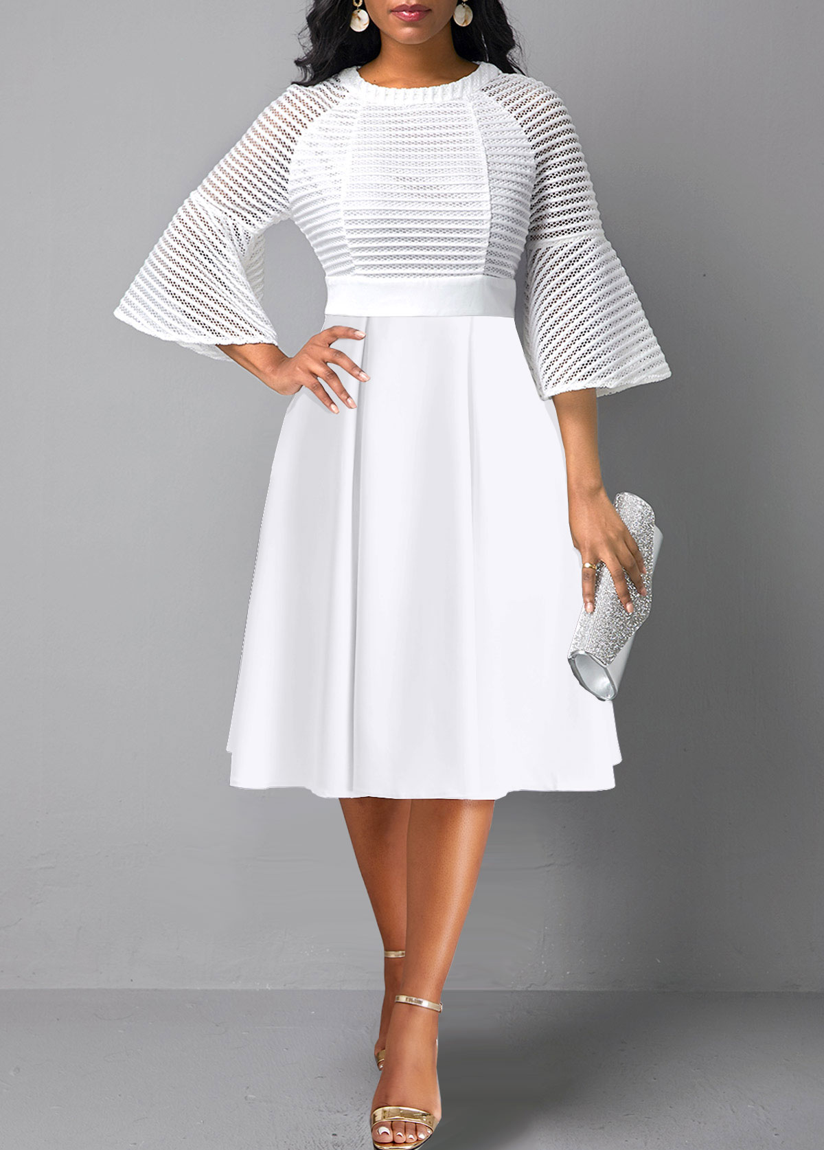 White dresses,Plain Color dresses,Party dresses,Elegant dresses,ROTITA Mesh Three Quarter Length Sleeve White Round Neck Dress