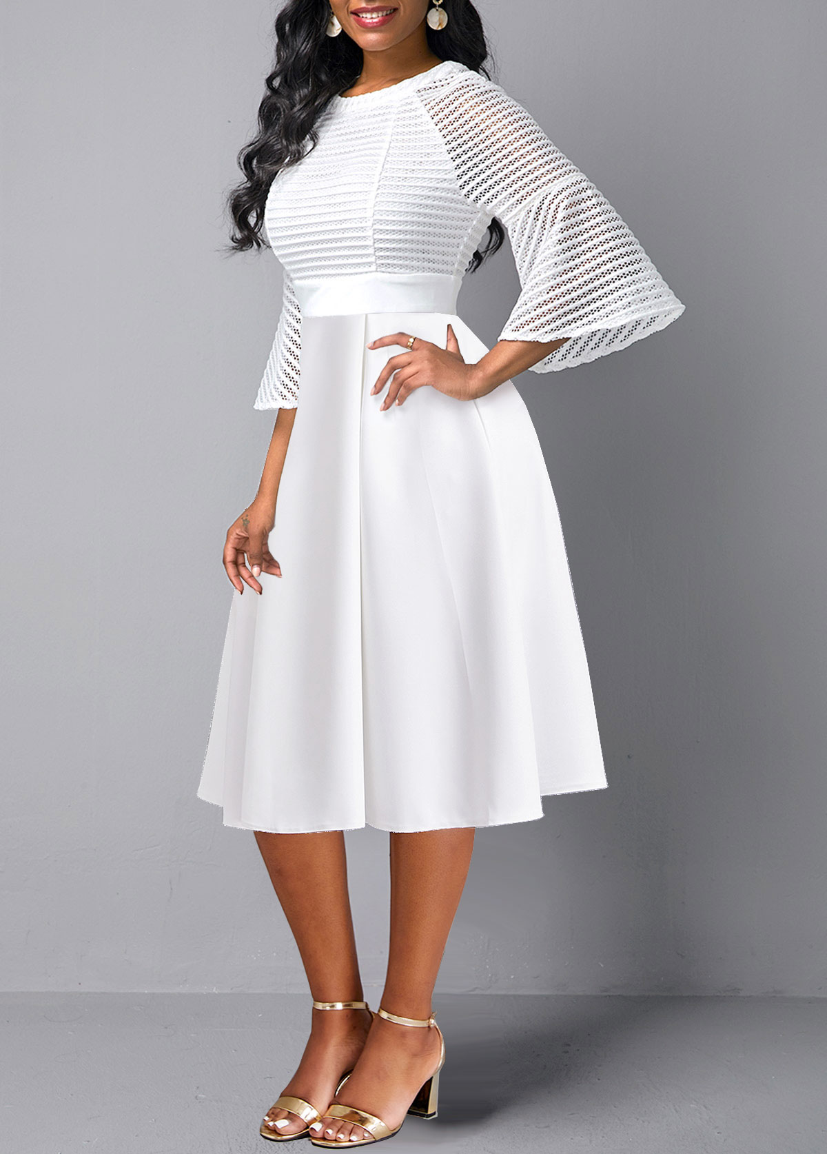 White dresses,Plain Color dresses,Party dresses,Elegant dresses,ROTITA Mesh Three Quarter Length Sleeve White Round Neck Dress