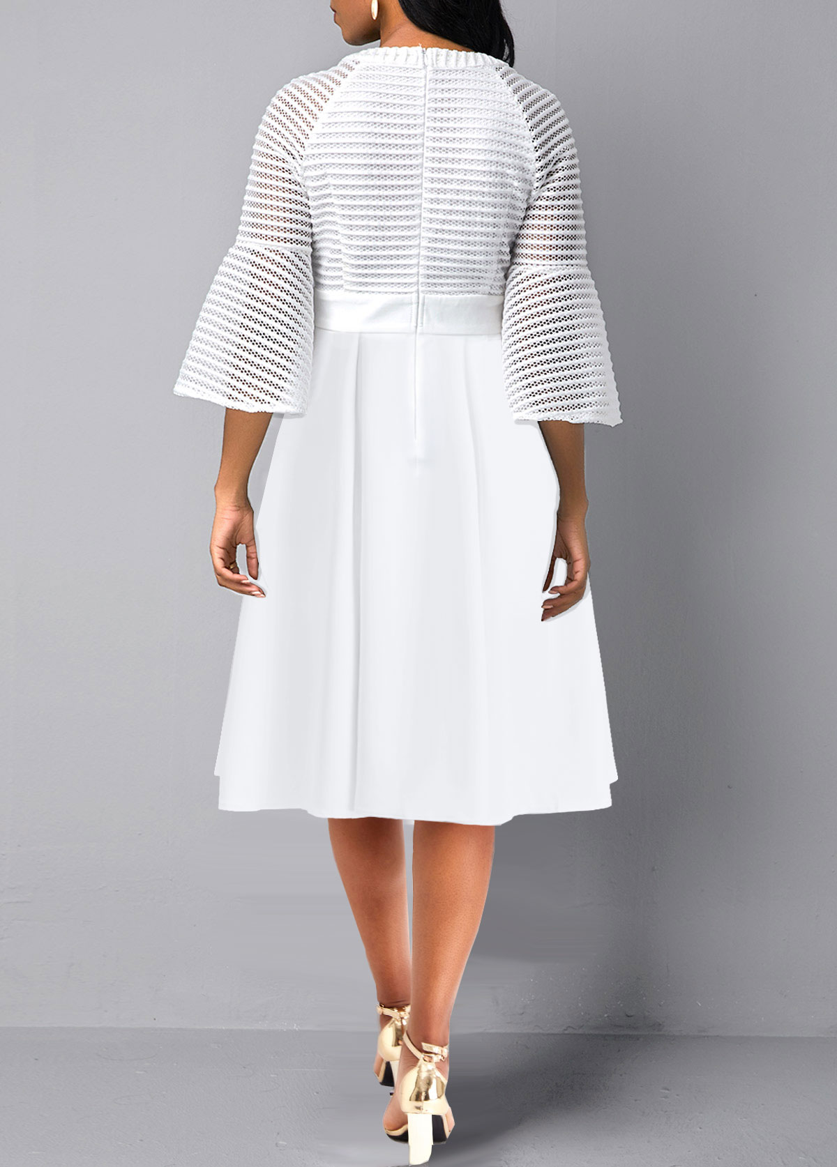 White dresses,Plain Color dresses,Party dresses,Elegant dresses,ROTITA Mesh Three Quarter Length Sleeve White Round Neck Dress