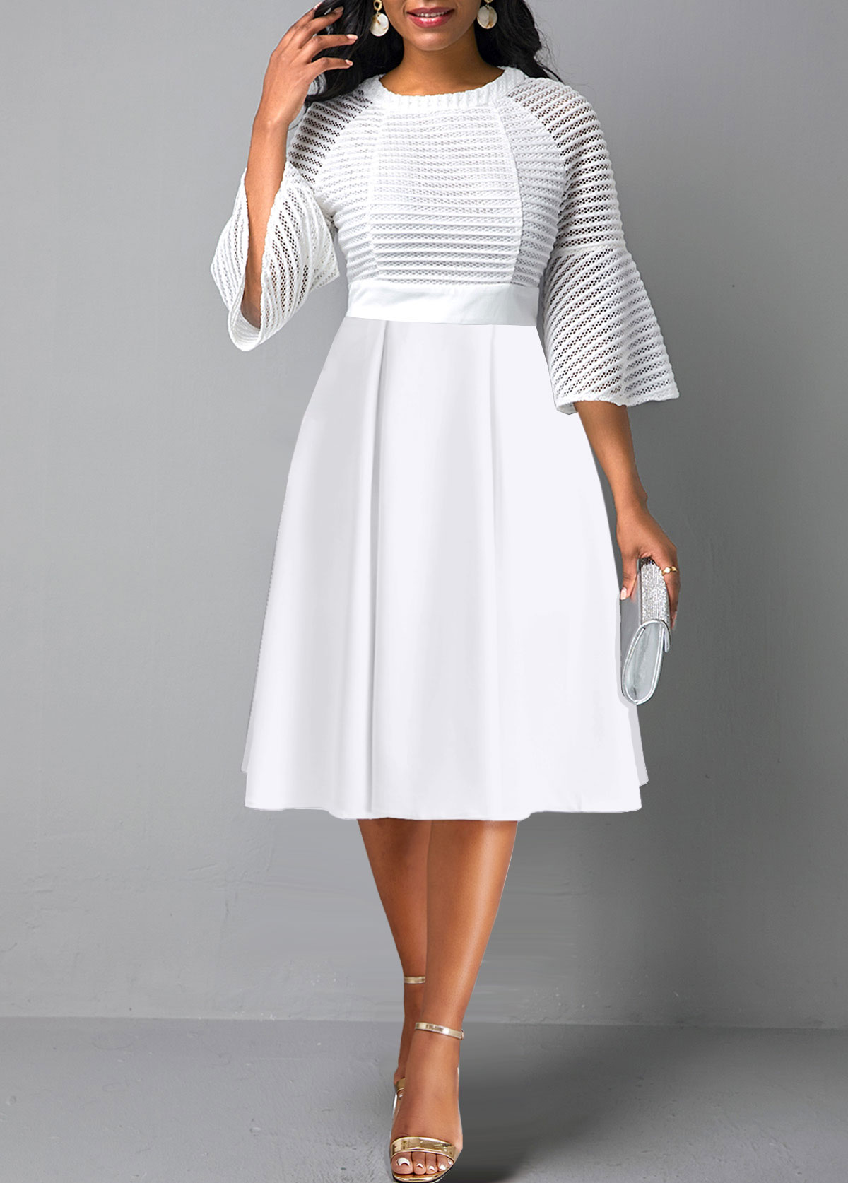 White dresses,Plain Color dresses,Party dresses,Elegant dresses,ROTITA Mesh Three Quarter Length Sleeve White Round Neck Dress