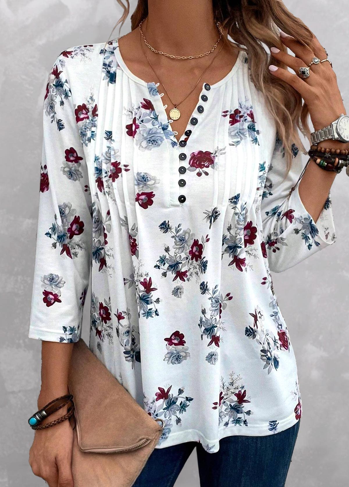 ROTITA Tuck Stitch Floral Print White Split Neck Blouse