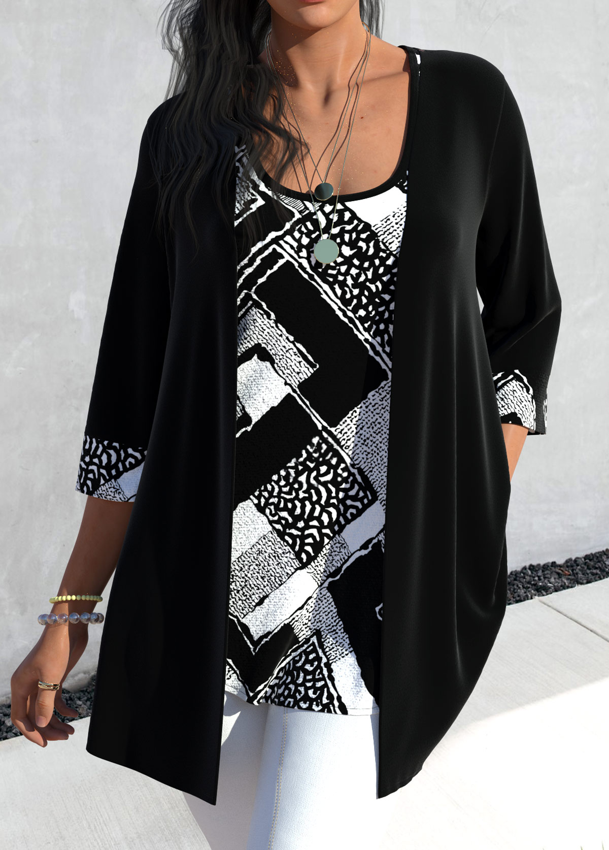 ROTITA Plus Size Two Piece Black Tank Top and Cardigan