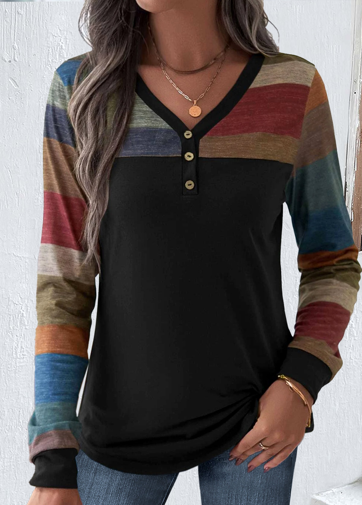 ROTITA Patchwork Striped Multi Color V Neck T Shirt