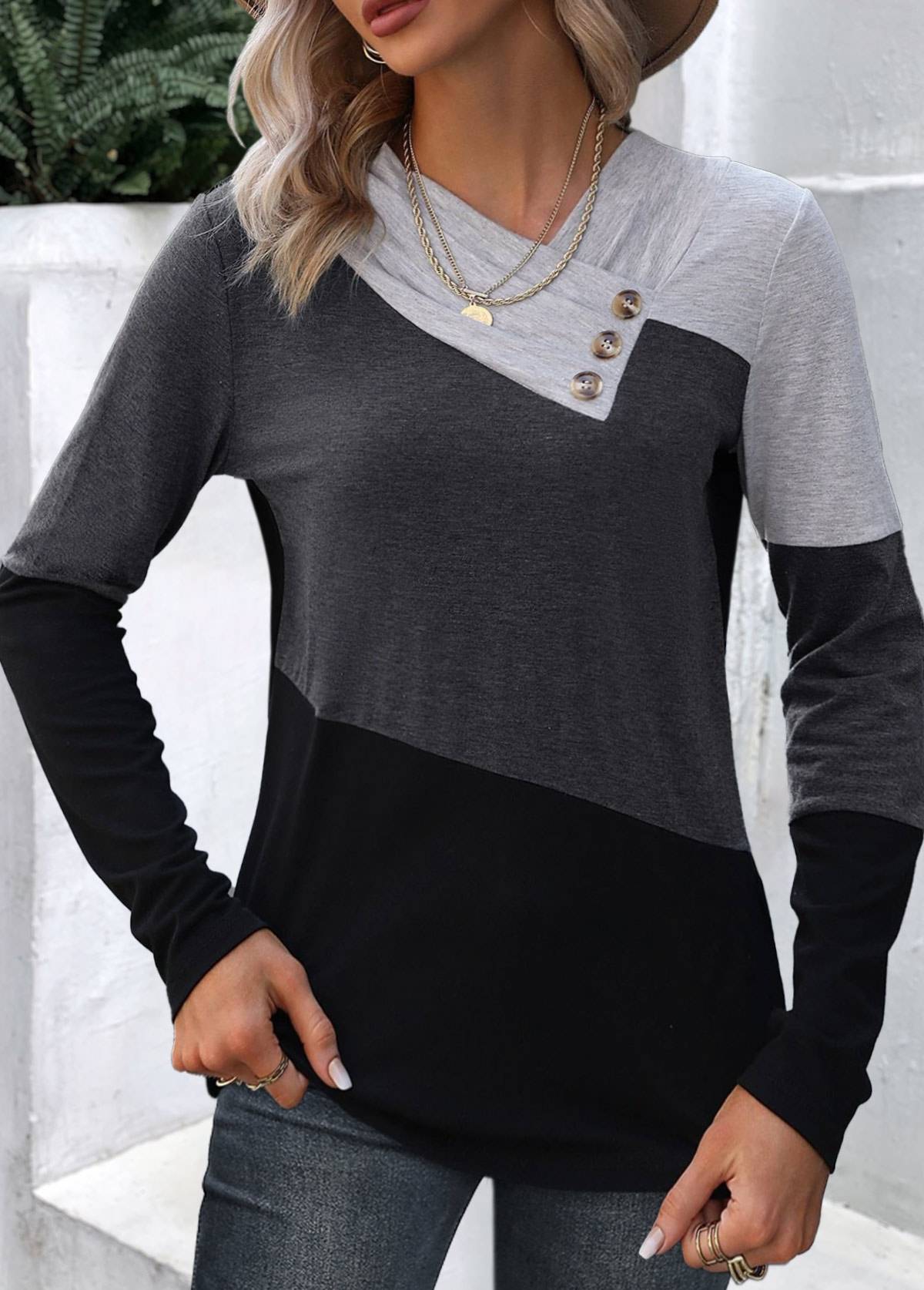Dark Grey Marl tops,Black tops,Contrast Color tops,ROTITA Patchwork Dark Grey Marl Asymmetrical Neck T Shirt