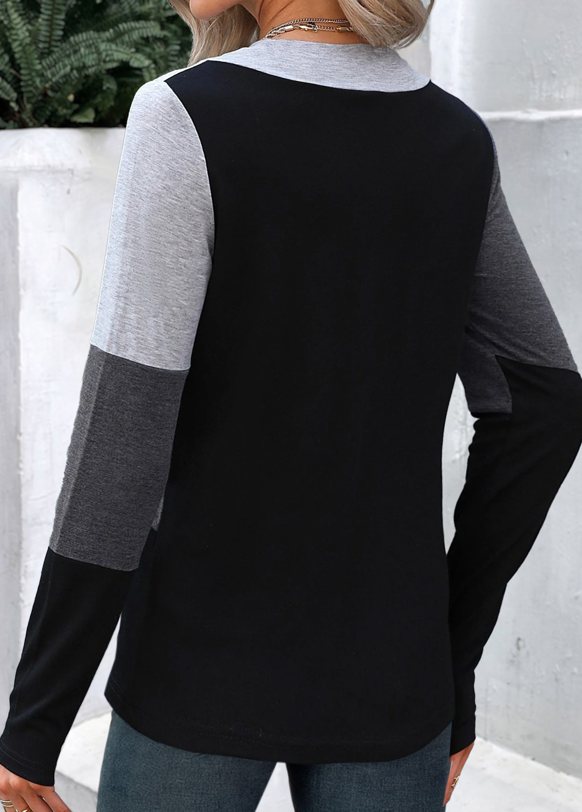 Dark Grey Marl tops,Black tops,Contrast Color tops,ROTITA Patchwork Dark Grey Marl Asymmetrical Neck T Shirt
