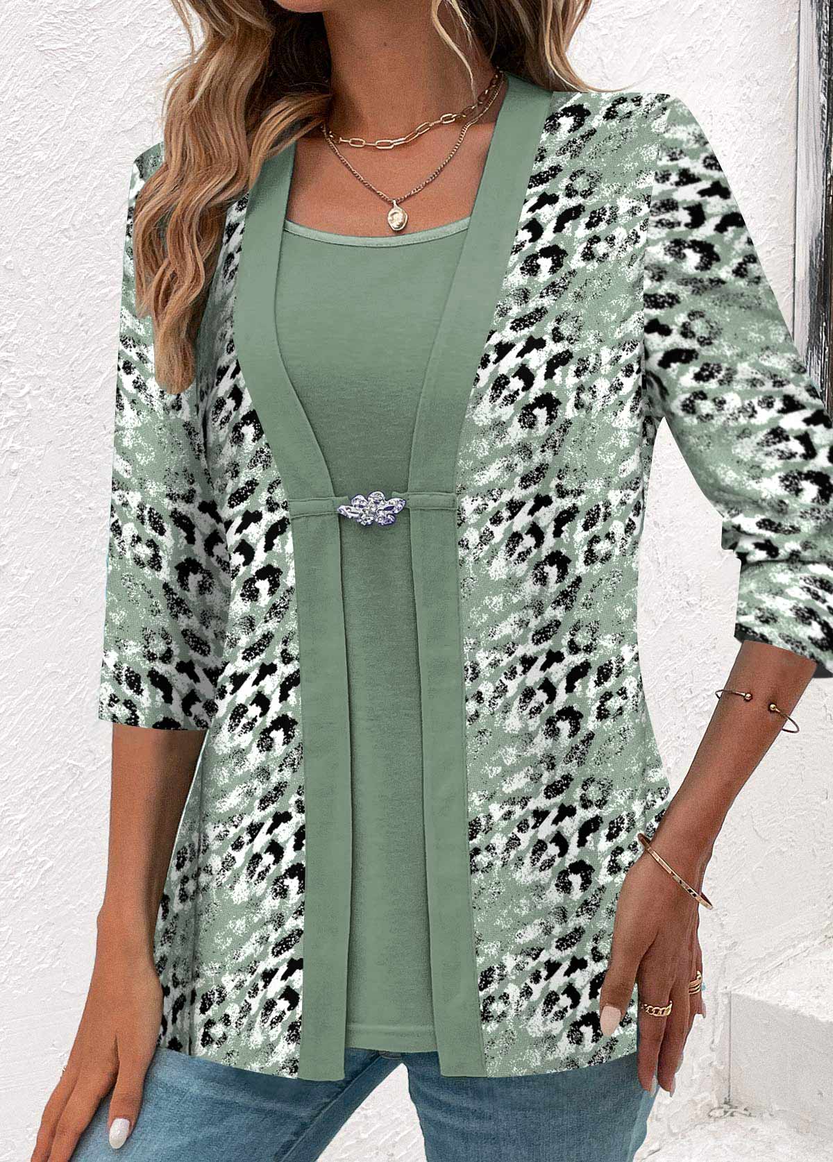 Sage Green tops,Leopard tops,Animal Print tops,ROTITA Leopard Sage Green Square Neck Fake Two Piece Twinset