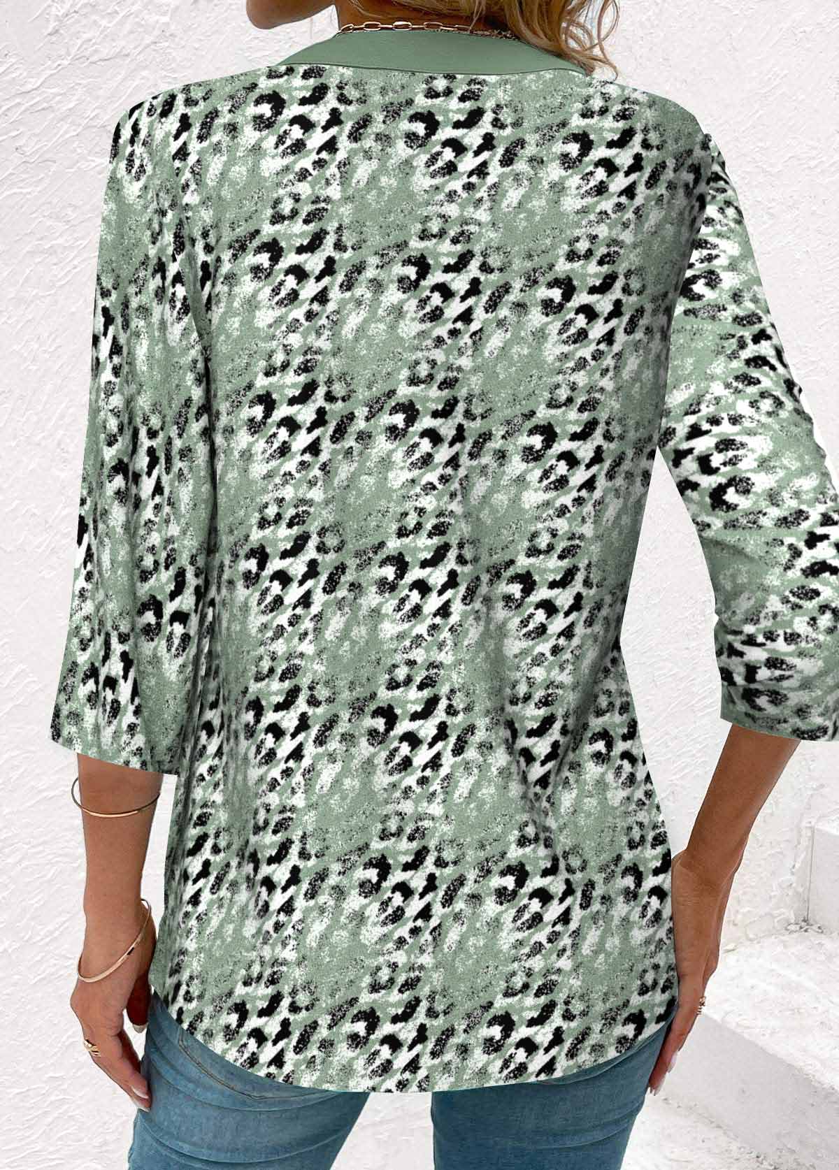 Sage Green tops,Leopard tops,Animal Print tops,ROTITA Leopard Sage Green Square Neck Fake Two Piece Twinset