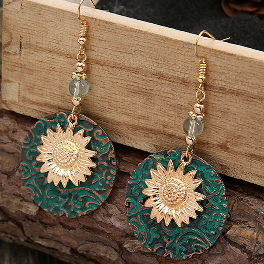 Round Alloy Detail Floral Design Turquoise Earrings