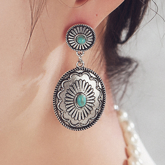 Turquoise Alloy Detail Oval Design Earrings