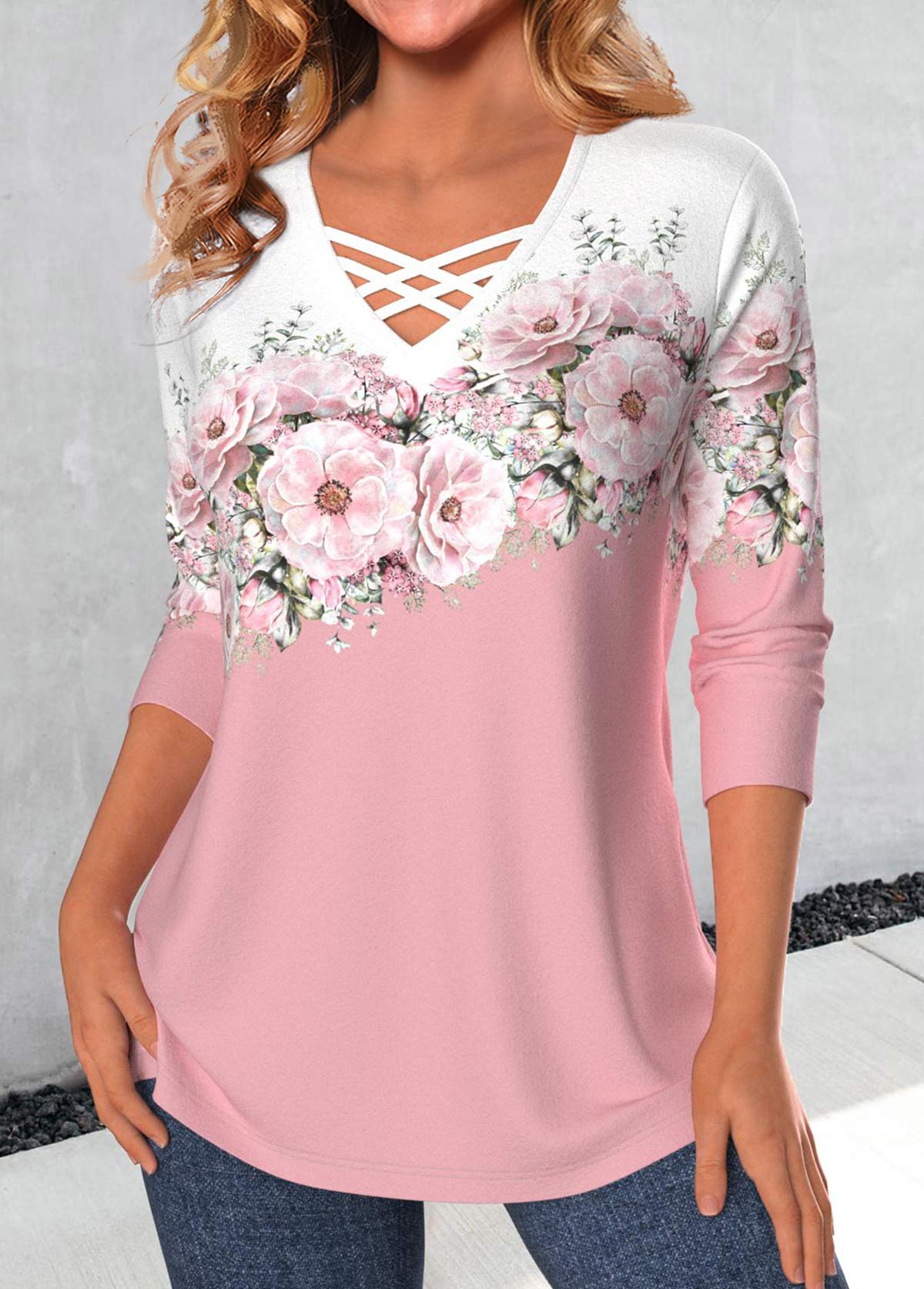 Pink plus size,White plus size,Floral plus size,Plants plus size,ROTITA Valentine's Day Plus Size Criss Cross Pink T Shirt