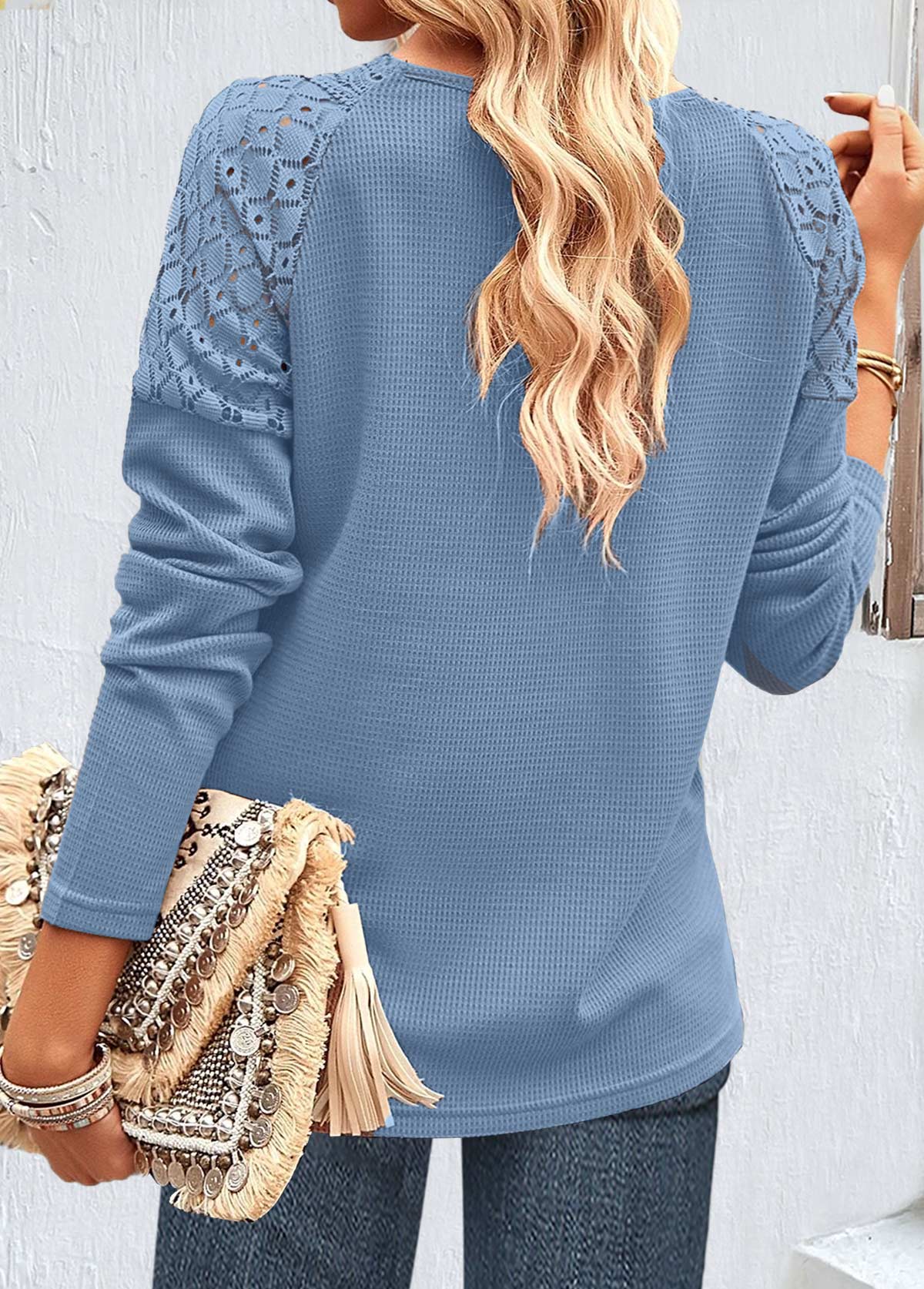 Dusty Blue tops,Plain Color tops,ROTITA Lace Patchwork Dusty Blue V Neck T Shirt