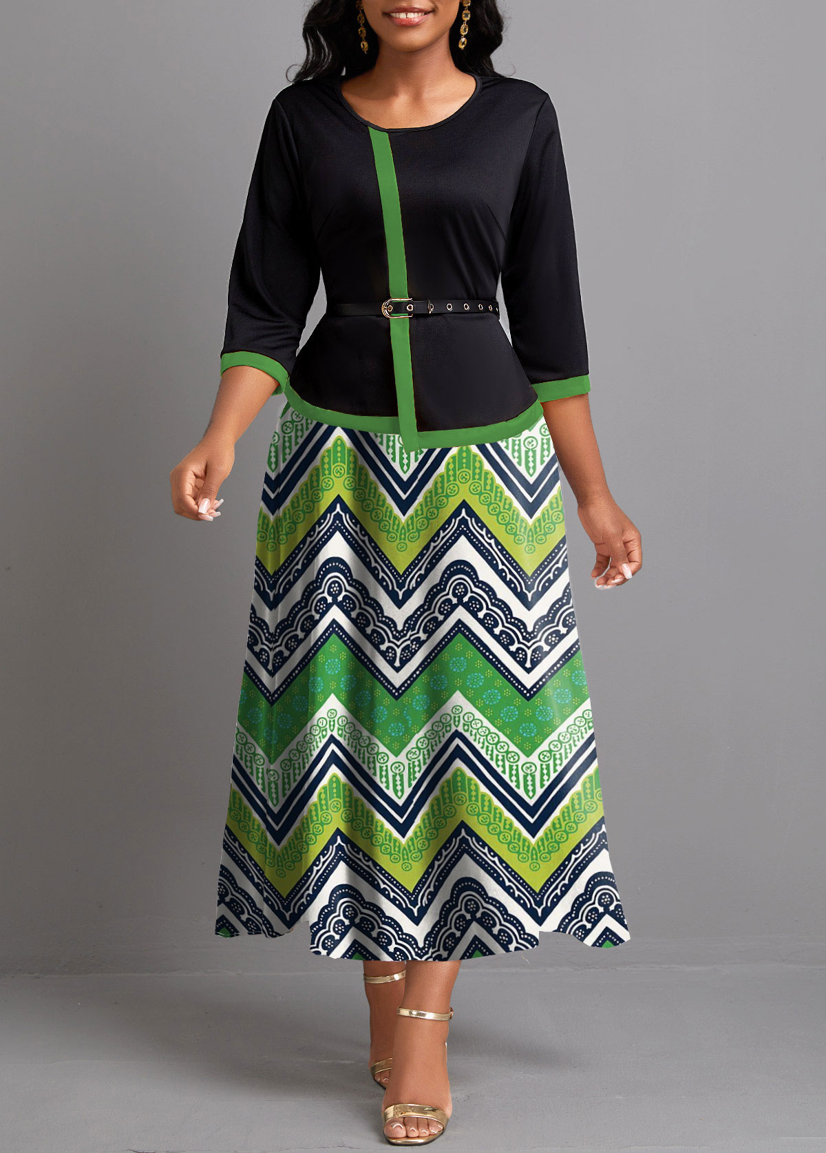 ROTITA Fake 2in1 Tribal Print Green Maxi Dress