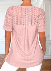 Pink tops,Plain Color tops,ROTITA Lace Pink Split Neck Short Sleeve Blouse