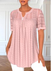 Pink tops,Plain Color tops,ROTITA Lace Pink Split Neck Short Sleeve Blouse