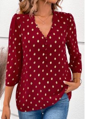 Wine Red tops,Plain Color tops,ROTITA Hot Stamping Wine Red V Neck Blouse