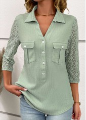 Sage Green tops,Plain Color tops,ROTITA Patchwork Sage Green Shirt Collar Blouse