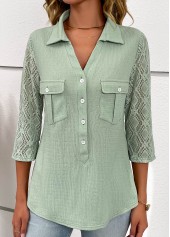 Sage Green tops,Plain Color tops,ROTITA Patchwork Sage Green Shirt Collar Blouse