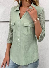 Sage Green tops,Plain Color tops,ROTITA Patchwork Sage Green Shirt Collar Blouse