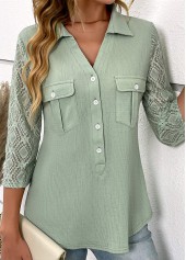 Sage Green tops,Plain Color tops,ROTITA Patchwork Sage Green Shirt Collar Blouse