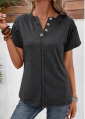 Button Black Split Neck Short Sleeve T Shirt