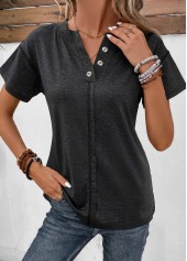 Black tops,Plain Color tops,Button Black Split Neck Short Sleeve T Shirt