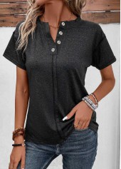 Black tops,Plain Color tops,Button Black Split Neck Short Sleeve T Shirt
