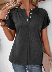 Black tops,Plain Color tops,Button Black Split Neck Short Sleeve T Shirt