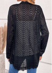 Black tops,Plain Color tops,ROTITA Scalloped Hem Black Long Sleeve Light Cardigan