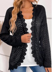 Black tops,Plain Color tops,ROTITA Scalloped Hem Black Long Sleeve Light Cardigan