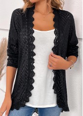 Black tops,Plain Color tops,ROTITA Scalloped Hem Black Long Sleeve Light Cardigan