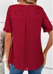 Wine Red tops,Plain Color tops,ROTITA Lace Wine Red V Neck Short Sleeve Blouse