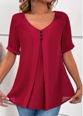 Wine Red tops,Plain Color tops,ROTITA Lace Wine Red V Neck Short Sleeve Blouse
