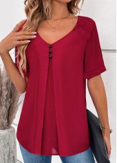 Wine Red tops,Plain Color tops,ROTITA Lace Wine Red V Neck Short Sleeve Blouse