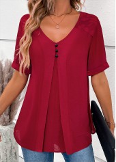 Wine Red tops,Plain Color tops,ROTITA Lace Wine Red V Neck Short Sleeve Blouse
