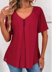 Wine Red tops,Plain Color tops,ROTITA Lace Wine Red V Neck Short Sleeve Blouse