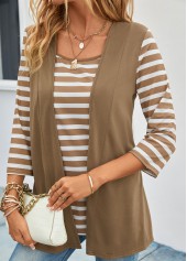 Dark Camel tops,White tops,Striped tops,ROTITA Fake 2in1 Striped Dark Camel T Shirt