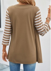 Dark Camel tops,White tops,Striped tops,ROTITA Fake 2in1 Striped Dark Camel T Shirt