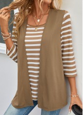 Dark Camel tops,White tops,Striped tops,ROTITA Fake 2in1 Striped Dark Camel T Shirt