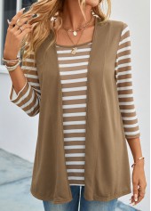 Dark Camel tops,White tops,Striped tops,ROTITA Fake 2in1 Striped Dark Camel T Shirt