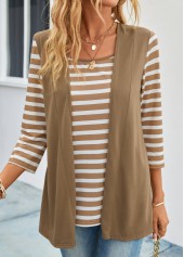 Dark Camel tops,White tops,Striped tops,ROTITA Fake 2in1 Striped Dark Camel T Shirt